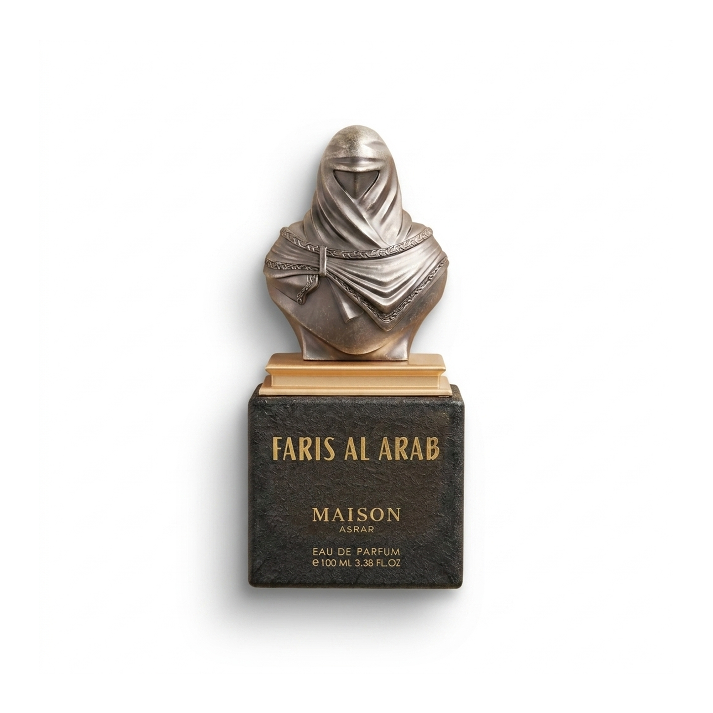 Bottle of Maison Asrar Faris Al Arab EDP fragrance on a white background with soft shadow