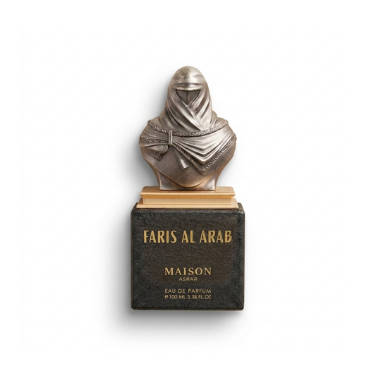 Bottle of Maison Asrar Faris Al Arab EDP fragrance on a white background with soft shadow