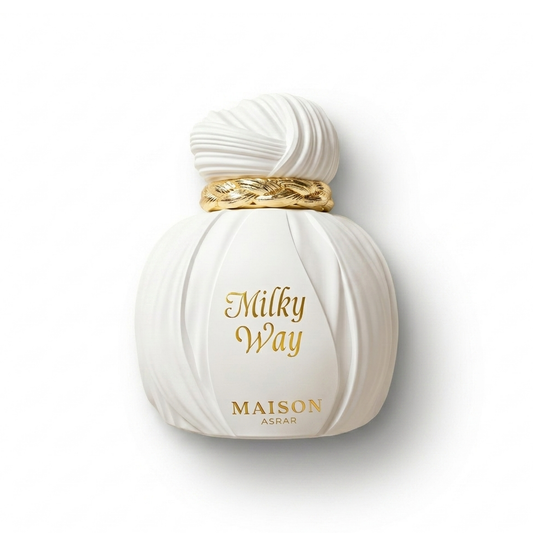 Bottle of Maison Asrar Milky Way EDP fragrance on a white background with soft shadow