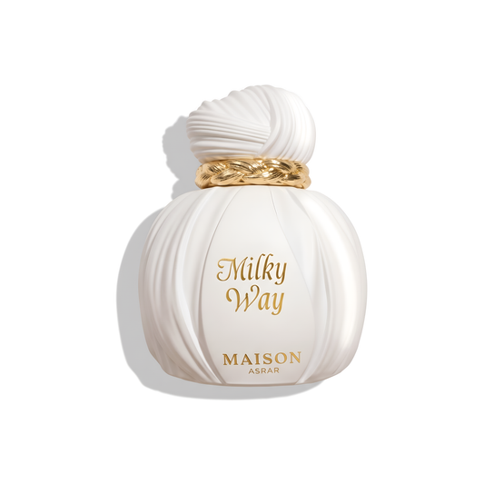 Bottle of Maison Asrar Milky Way EDP fragrance on a white background with soft shadow