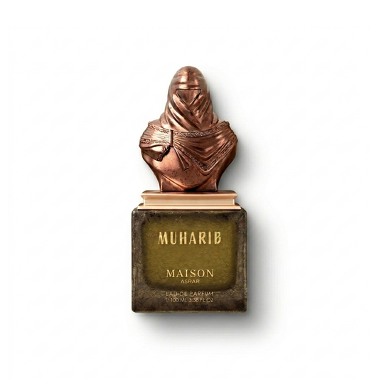 Bottle of Maison Asrar Muharib EDP fragrance on a white background with soft shadow