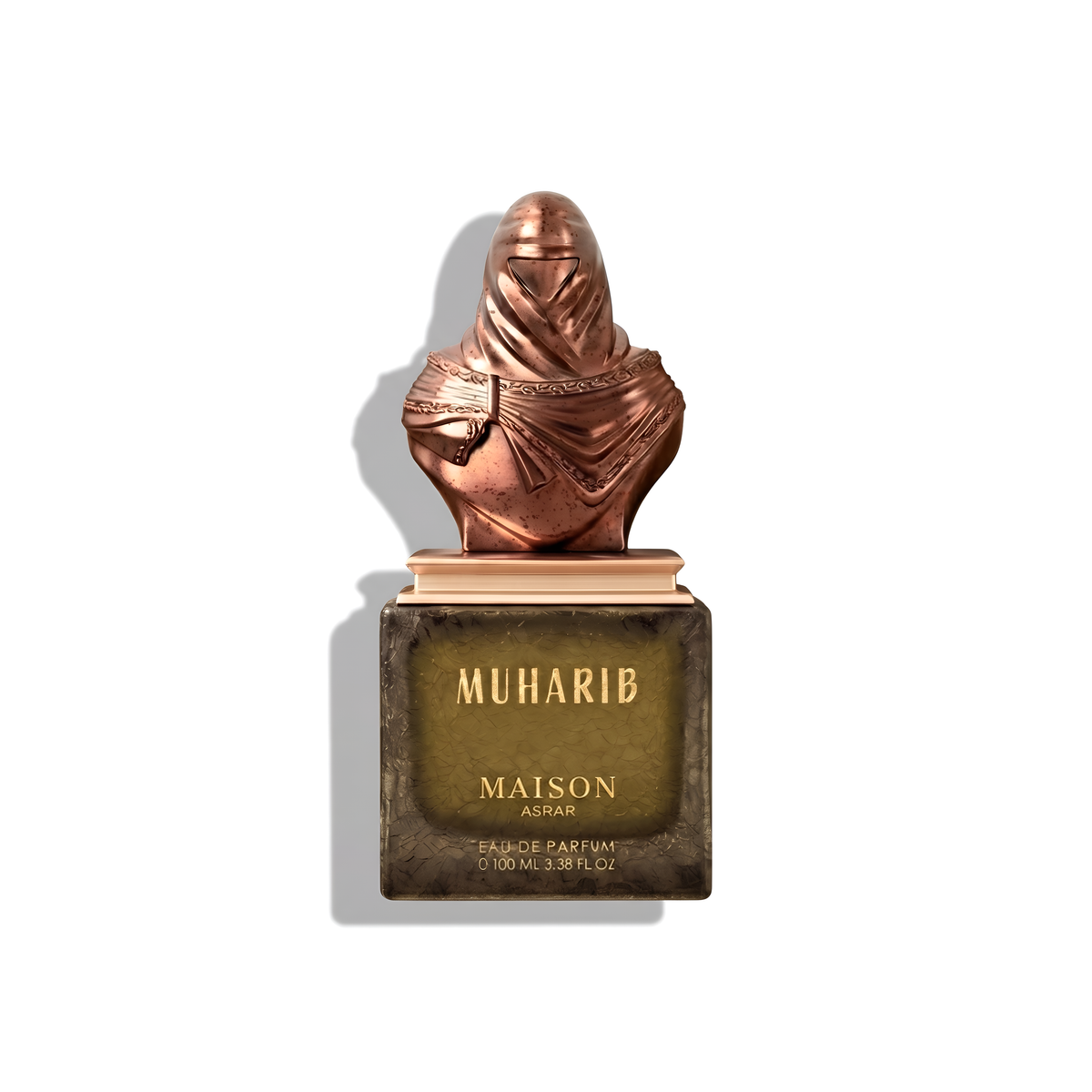Bottle of Maison Asrar Muharib EDP fragrance on a white background with soft shadow