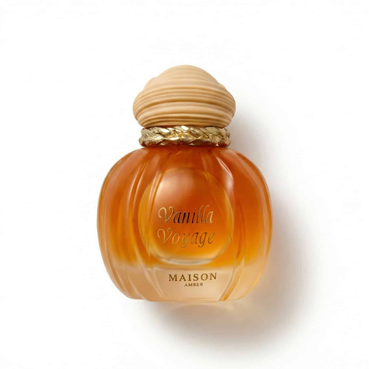Bottle of Maison Asrar Vanilla Voyage EDP fragrance on a white background with soft shadow