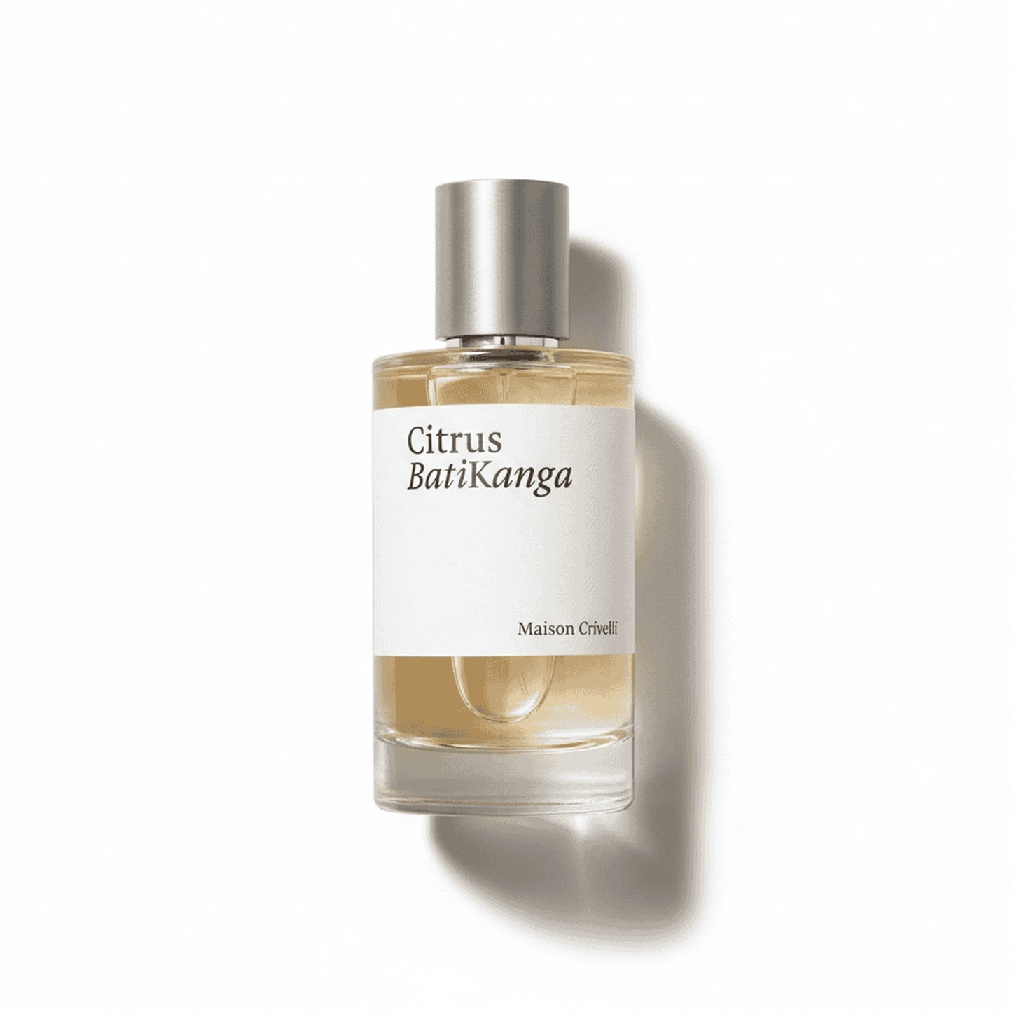 Bottle of Maison Crivelli Citrus Batikanga EDP fragrance on a white background with soft shadow