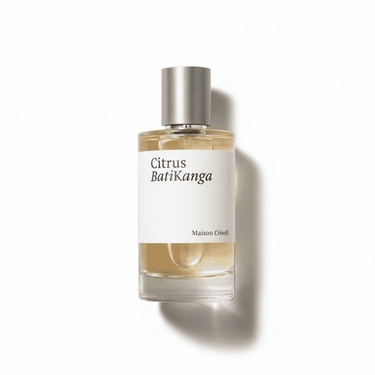 Bottle of Maison Crivelli Citrus Batikanga EDP fragrance on a white background with soft shadow