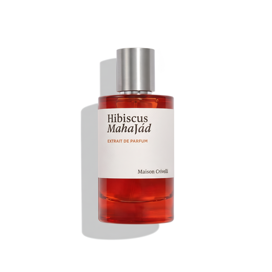 Bottle of Maison Crivelli Hibiscus Mahajad Extrait fragrance on a white background with soft shadow