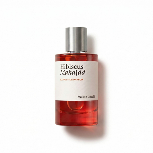 Bottle of Maison Crivelli Hibiscus Mahajad Parfum fragrance on a white background with soft shadow