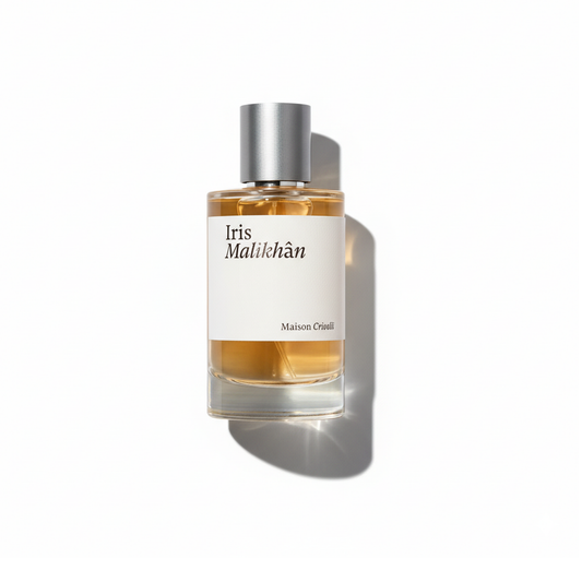 Bottle of Maison Crivelli Iris Malikhan EDP fragrance on a white background with soft shadow