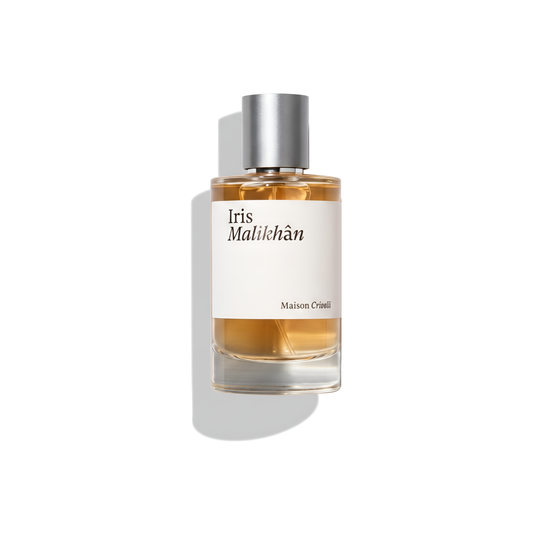 Bottle of Maison Crivelli Iris Malikhan EDP fragrance on a white background with soft shadow