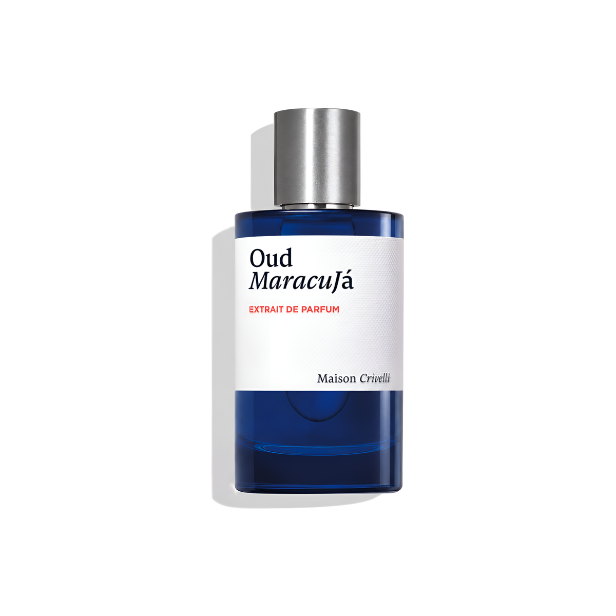 Bottle of Maison Crivelli Oud Maracuja Extrait fragrance on a white background with soft shadow
