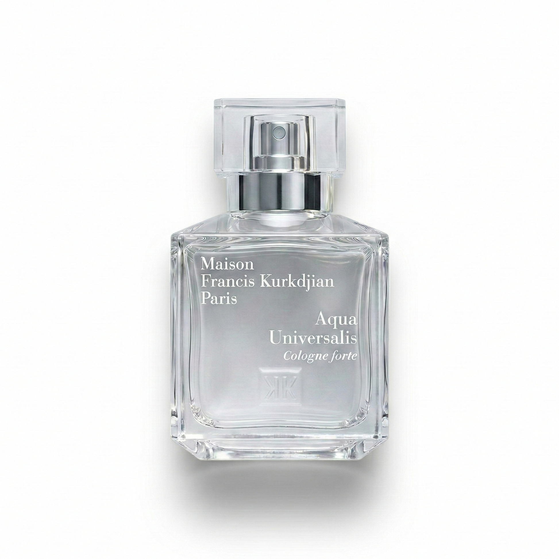 Bottle of Maison Francis Kourkdijan Aqua Universalis Cologne Forte EDP fragrance on a white background with soft shadow
