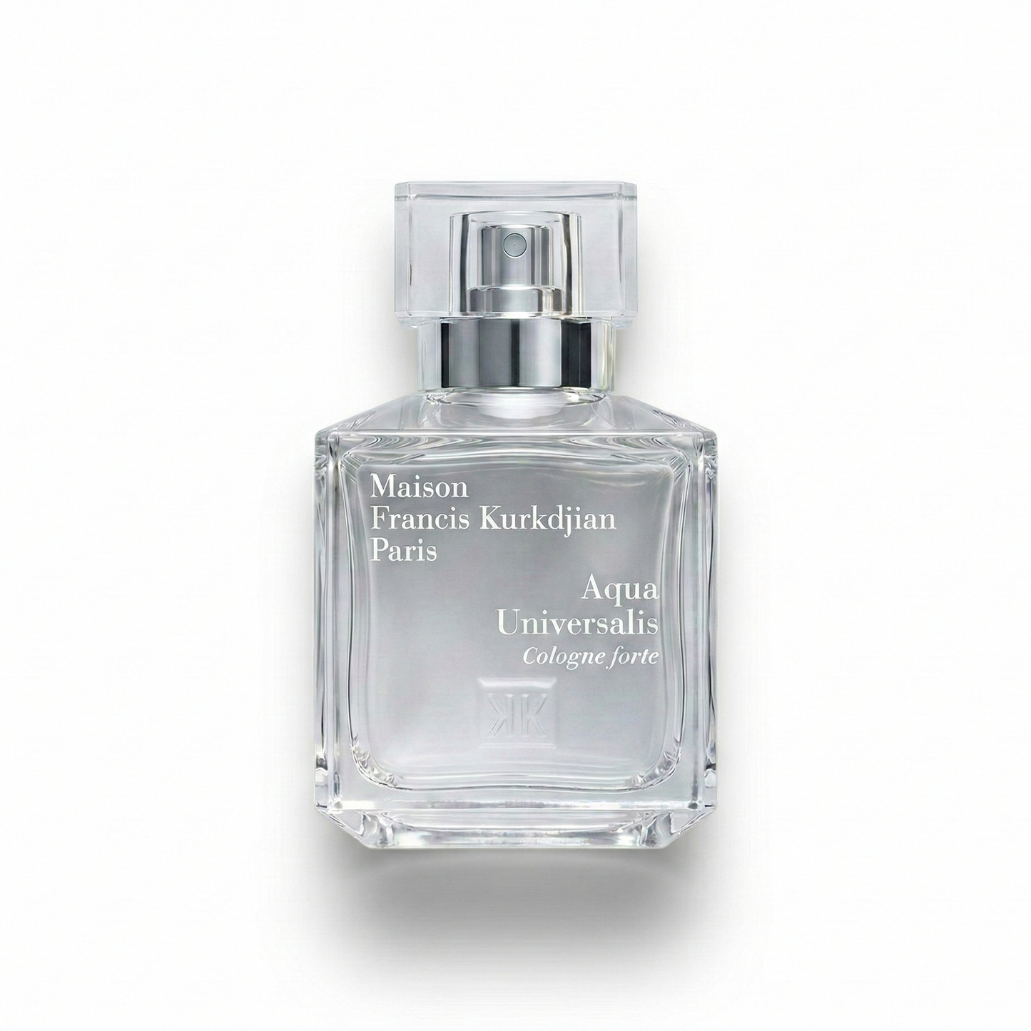Bottle of Maison Francis Kourkdijan Aqua Universalis Cologne Forte EDP fragrance on a white background with soft shadow