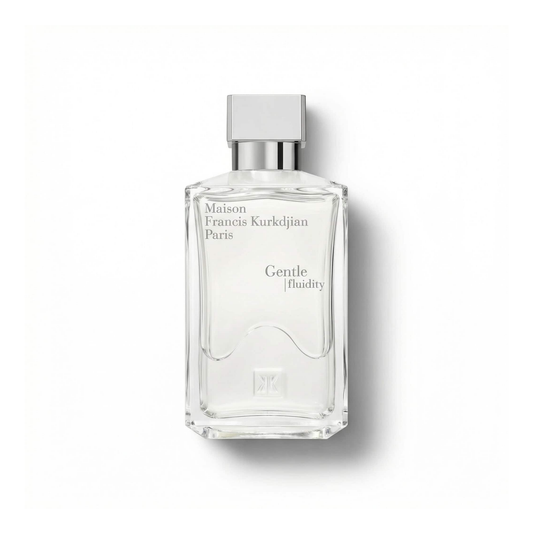 Bottle of Maison Francis Kourkdijan Gentle Fluidity Silver EDP fragrance on a white background with soft shadow