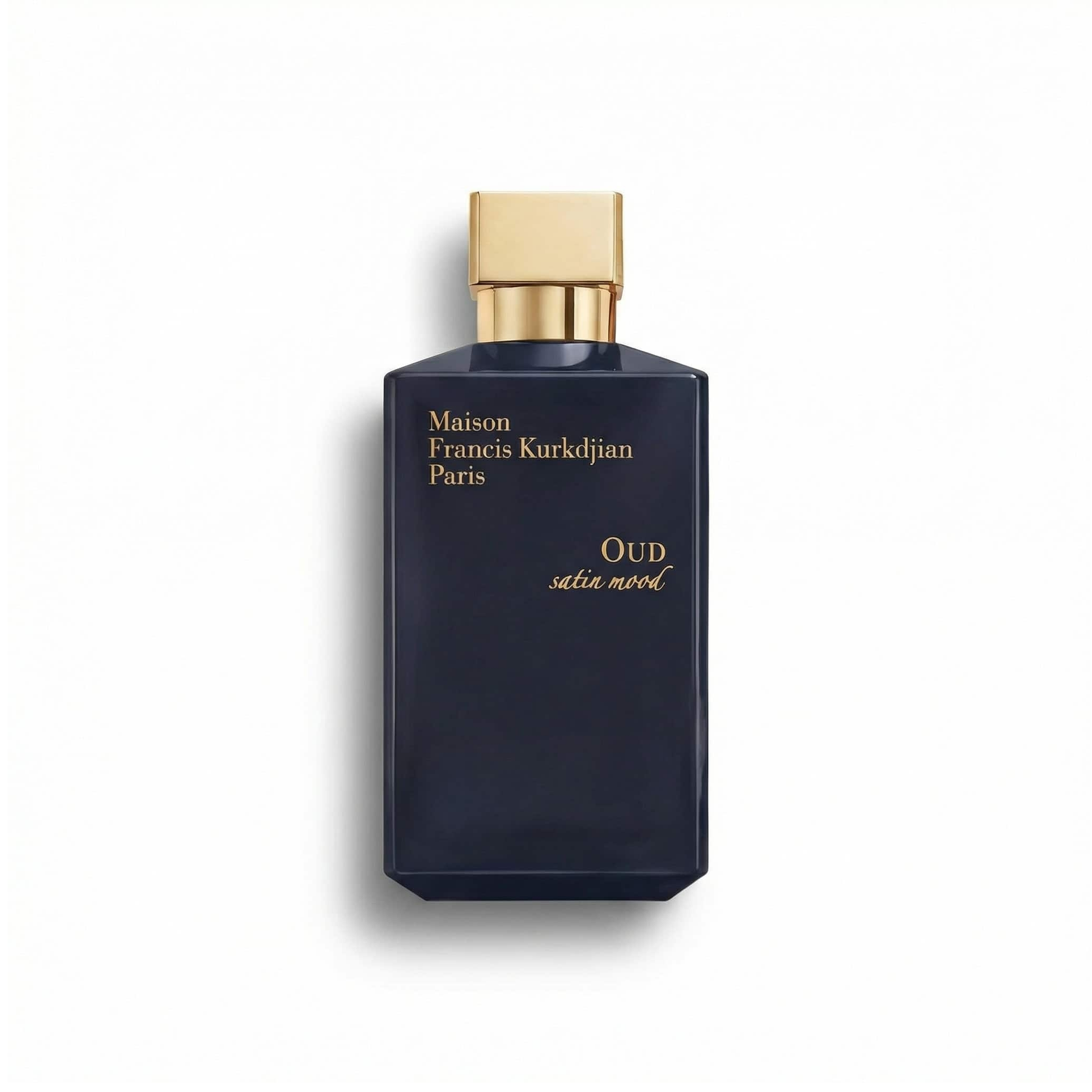 Bottle of Maison Francis Kourkdijan Oud Satin Mood EDP fragrance on a white background with soft shadow