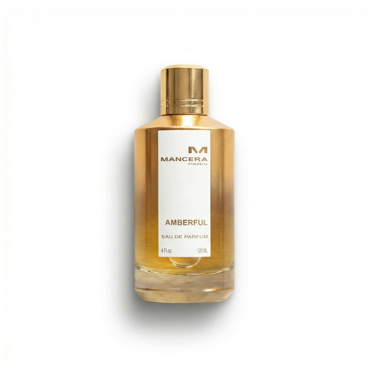 Bottle of Mancera Amberful EDP fragrance on a white background with soft shadow