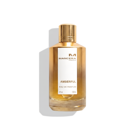 Bottle of Mancera Amberful EDP fragrance on a white background with soft shadow