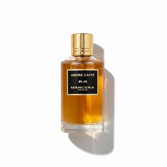 Bottle of Mancera Amore Caffe EDP fragrance on a white background with soft shadow