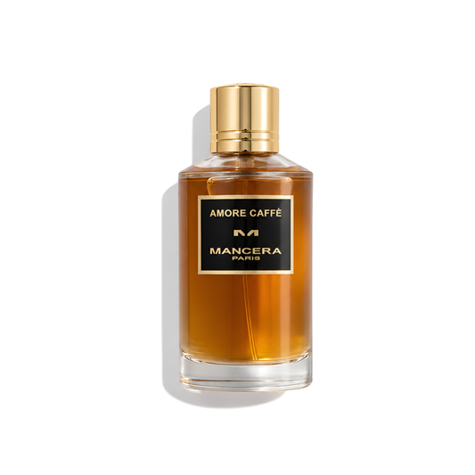 Bottle of Mancera Amore Caffe EDP fragrance on a white background with soft shadow