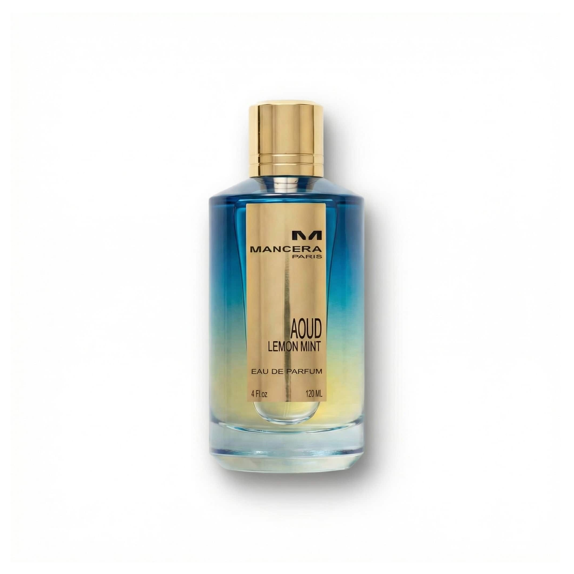 Bottle of Mancera Aoud Lemon Mint EDP fragrance on a white background with soft shadow