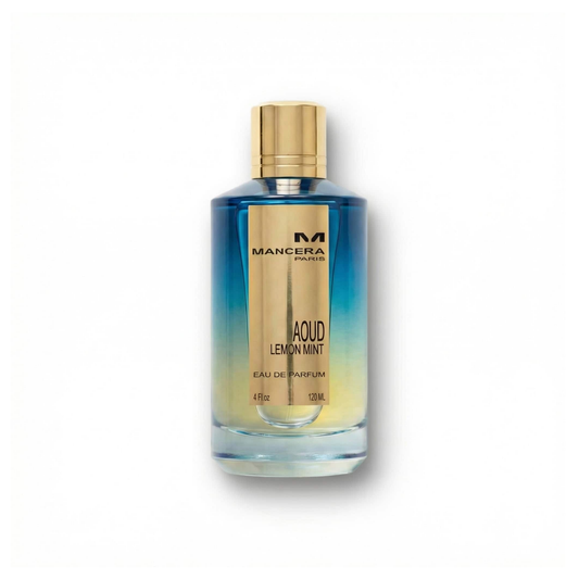 Bottle of Mancera Aoud Lemon Mint EDP fragrance on a white background with soft shadow