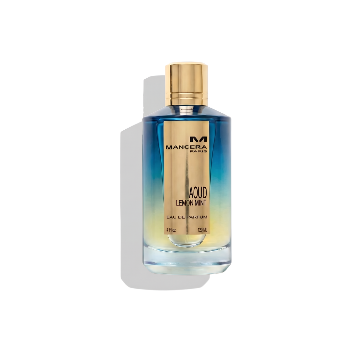 Bottle of Mancera Aoud Lemon Mint EDP fragrance on a white background with soft shadow