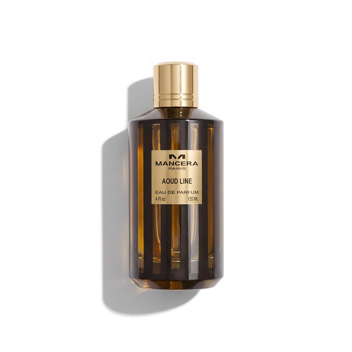 Bottle of Mancera Aoud Line EDP fragrance on a white background with soft shadow
