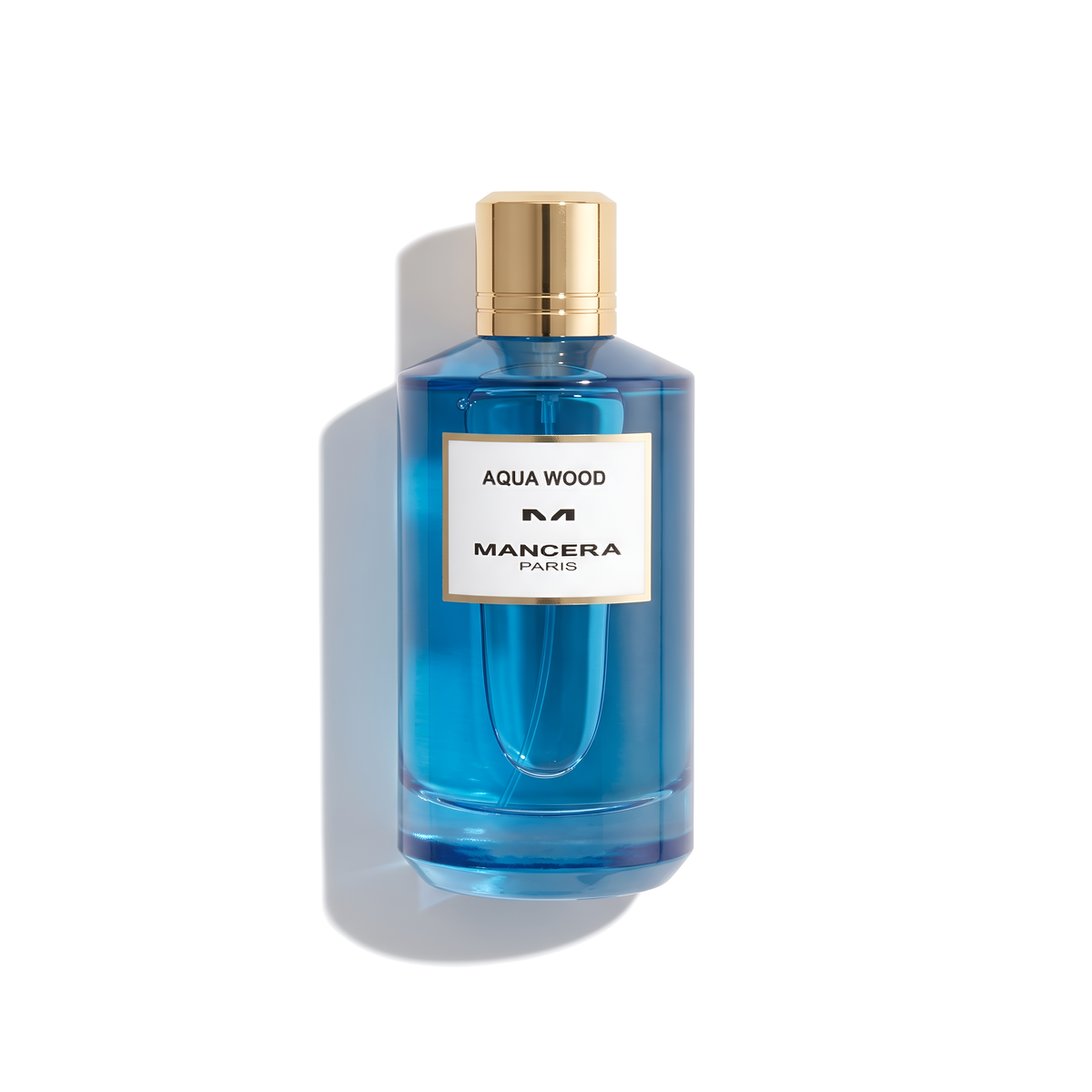 Bottle of Mancera Aqua Wood EDP fragrance on a white background with soft shadow