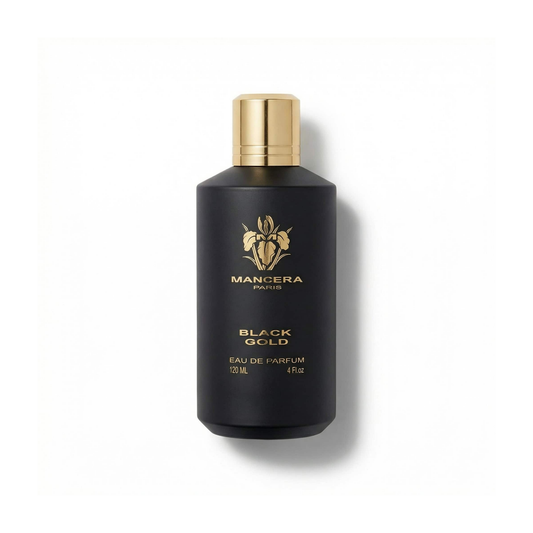 Bottle of Mancera Black Gold EDP fragrance on a white background with soft shadow