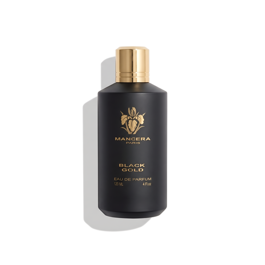 Bottle of Mancera Black Gold EDP fragrance on a white background with soft shadow