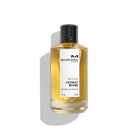 Bottle of Mancera Cedrat Boise Intense Extrait fragrance on a white background with soft shadow
