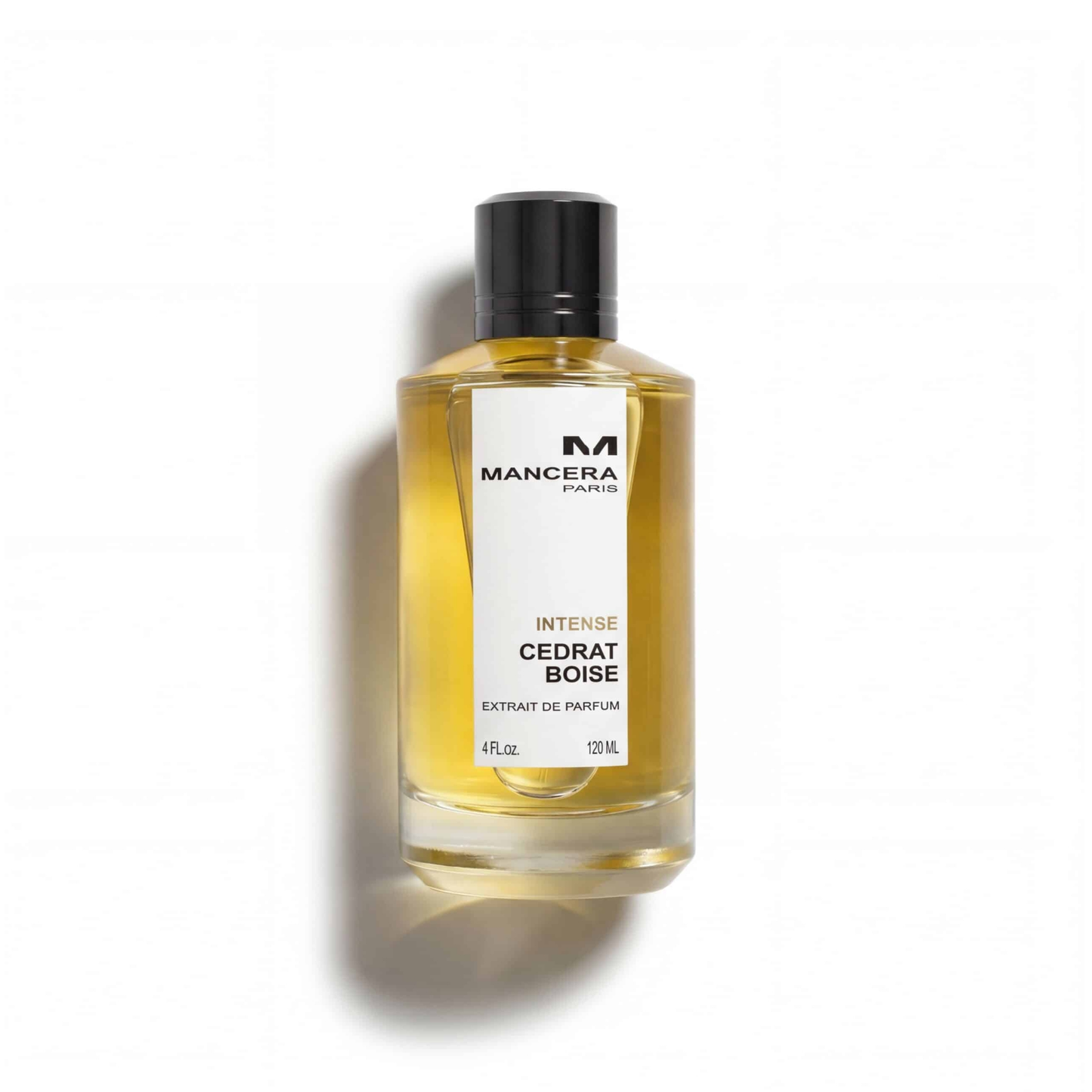 Bottle of Mancera Cedrat Boise Intense Parfum fragrance on a white background with soft shadow
