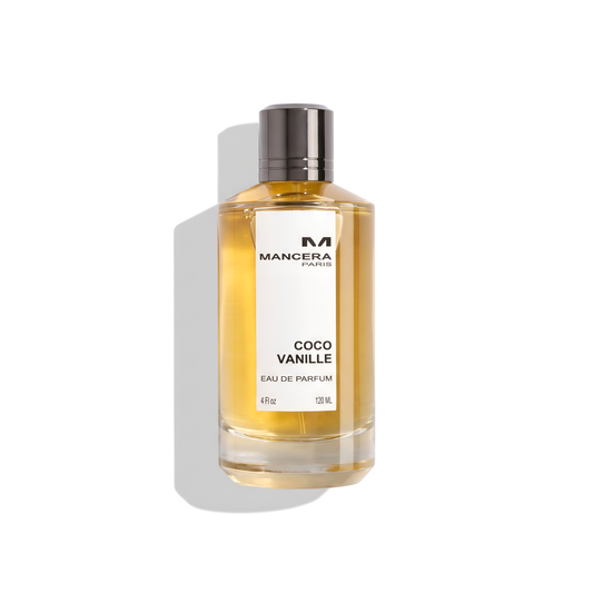 Bottle of Mancera Coco Vanille EDP fragrance on a white background with soft shadow