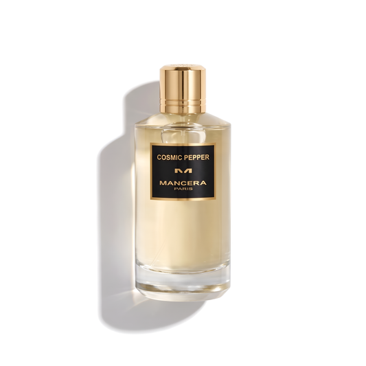 Bottle of Mancera Cosmic Pepper EDP fragrance on a white background with soft shadow