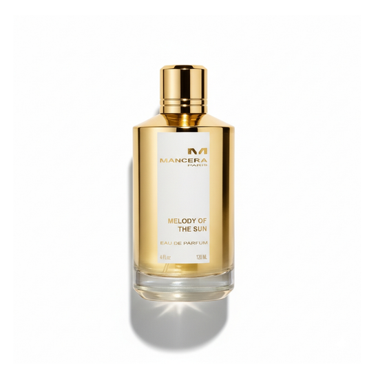 Bottle of Mancera Melody of the Sun EDP fragrance on a white background with soft shadow