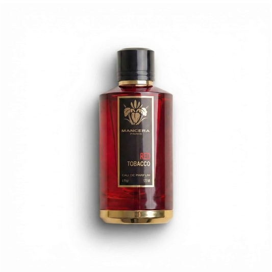 Bottle of Mancera Red Tobacco EDP fragrance on a white background with soft shadow
