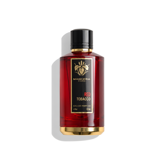 Bottle of Mancera Red Tobacco EDP fragrance on a white background with soft shadow