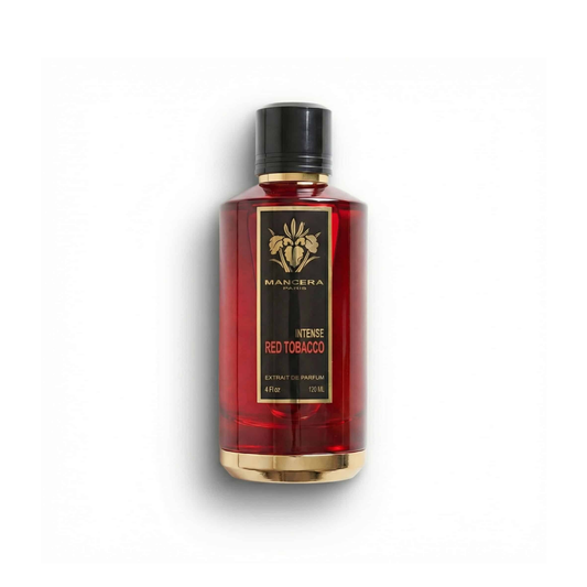 Bottle of Mancera Red Tobacco Intense Extrait fragrance on a white background with soft shadow