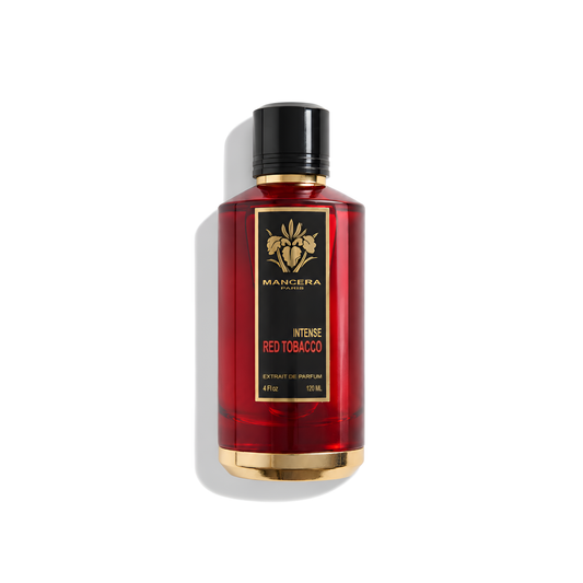 Bottle of Mancera Red Tobacco Intense Extrait fragrance on a white background with soft shadow