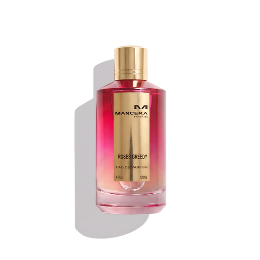 Bottle of Mancera Roses Greedy EDP fragrance on a white background with soft shadow