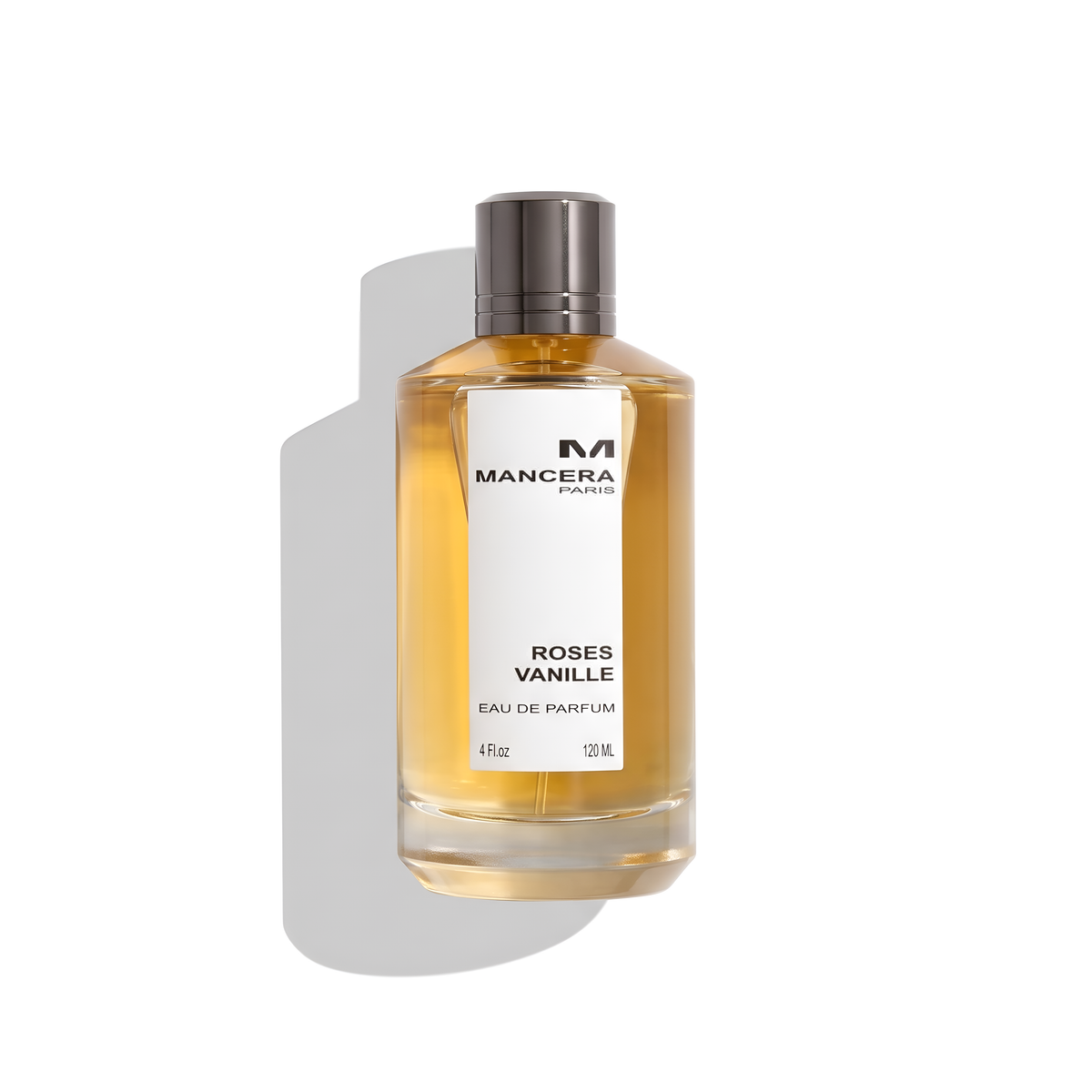 Bottle of Mancera Roses Vanille EDP fragrance on a white background with soft shadow