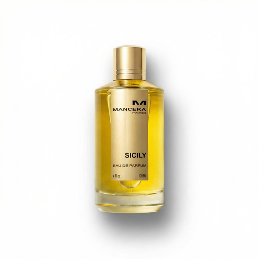 Bottle of Mancera Sicily EDP fragrance on a white background with soft shadow