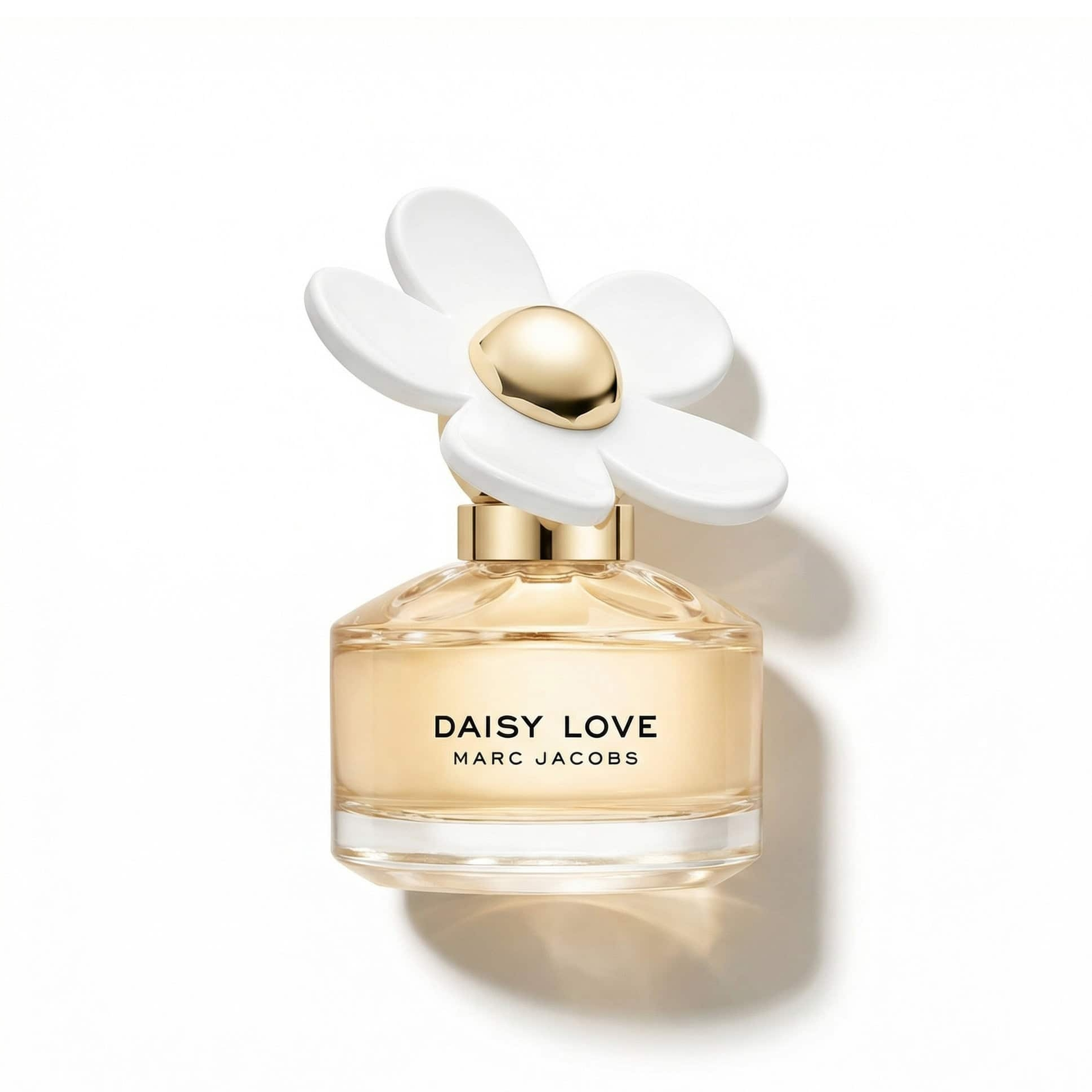 Bottle of Marc Jacobs Daisy Love EDT fragrance on a white background with soft shadow