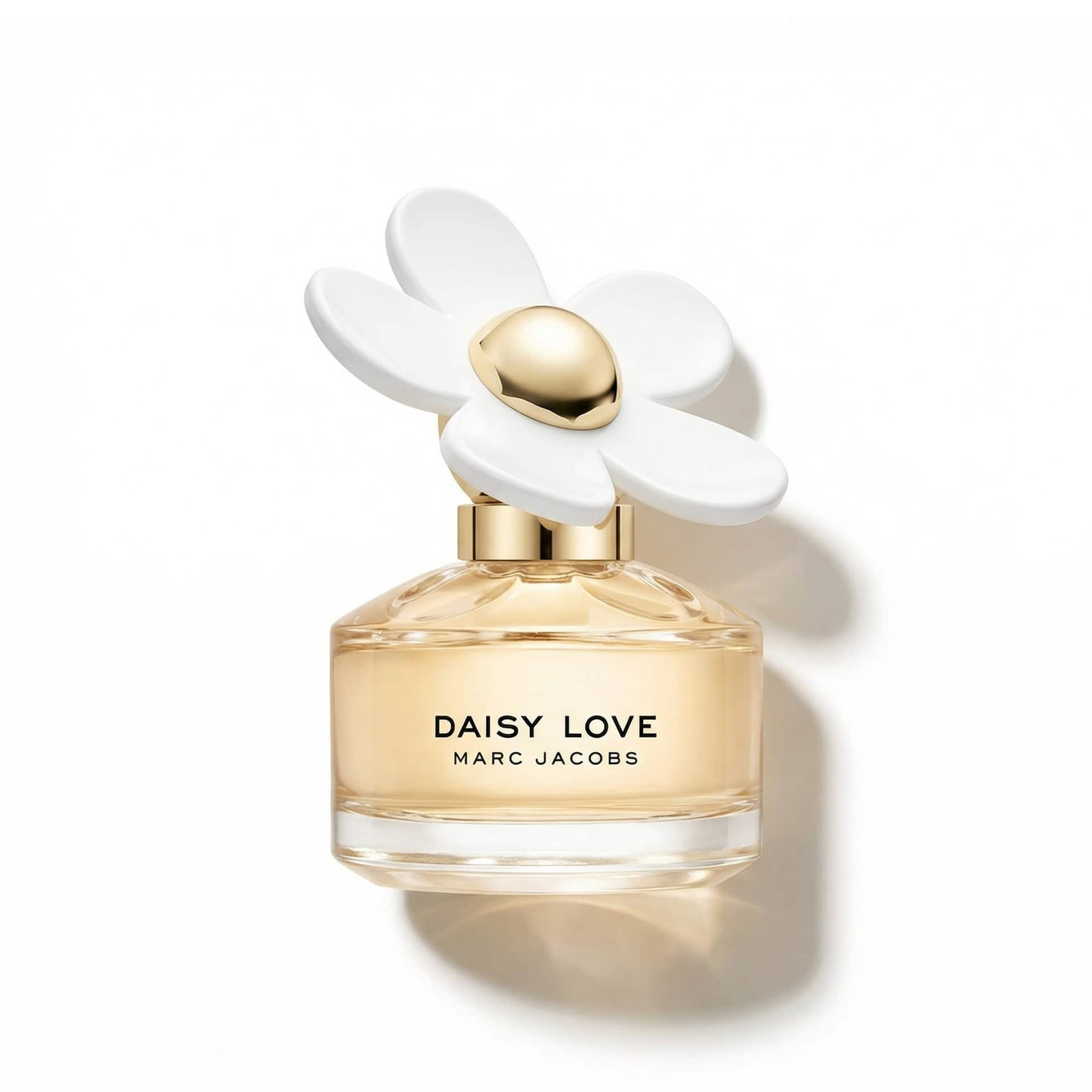 Bottle of Marc Jacobs Daisy Love EDT fragrance on a white background with soft shadow