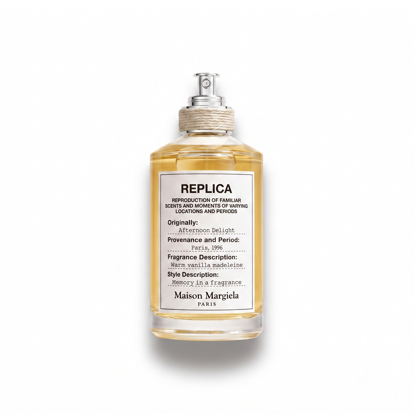 Bottle of Margiela Afternoon Delight EDT fragrance on a white background with soft shadow