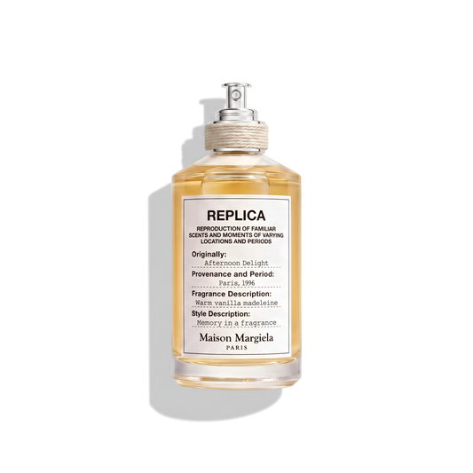 Bottle of Margiela Afternoon Delight EDT fragrance on a white background with soft shadow