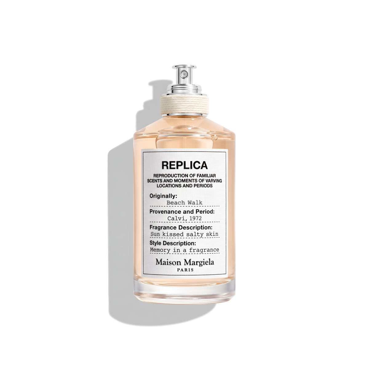 Bottle of Margiela Beach Walk EDT fragrance on a white background with soft shadow