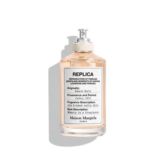 Bottle of Margiela Beach Walk EDT fragrance on a white background with soft shadow