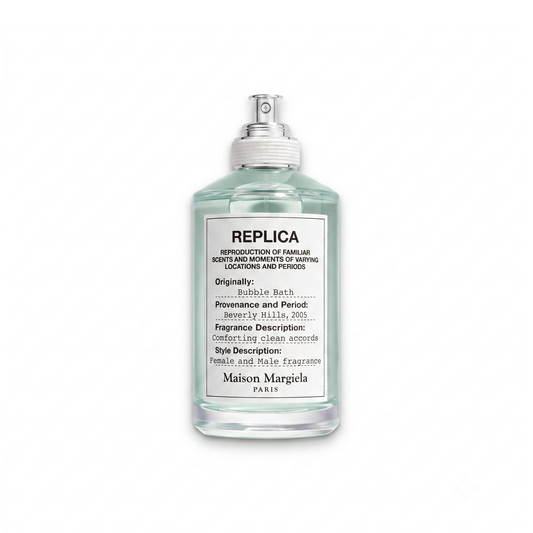 Bottle of Margiela Bubble Bath EDT fragrance on a white background with soft shadow