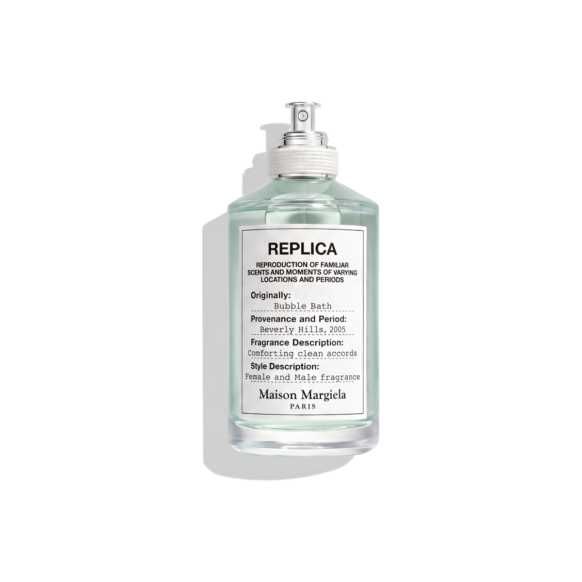 Bottle of Margiela Bubble Bath EDT fragrance on a white background with soft shadow