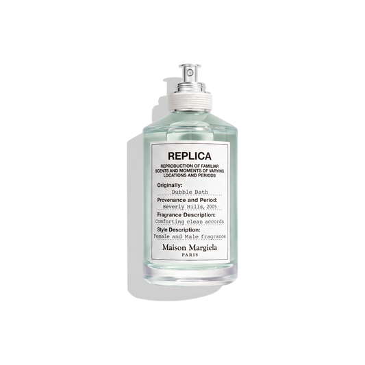 Bottle of Margiela Bubble Bath EDT fragrance on a white background with soft shadow